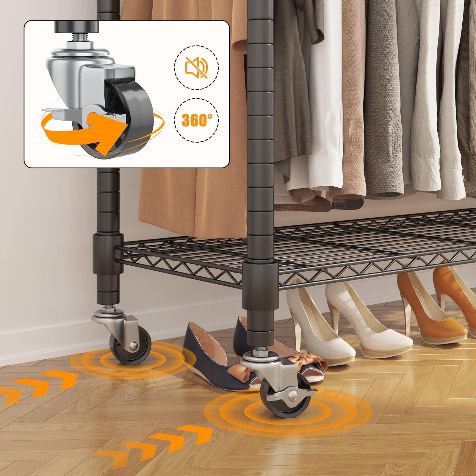 BATHWA BATHWA Heavy Duty Garment Rack on Wheels, Rolling Clothes Racks for hanging clothes, Simple Sturdy Wardrobe Rack with Double Hanging Rods, 8 Side Hangers, Black