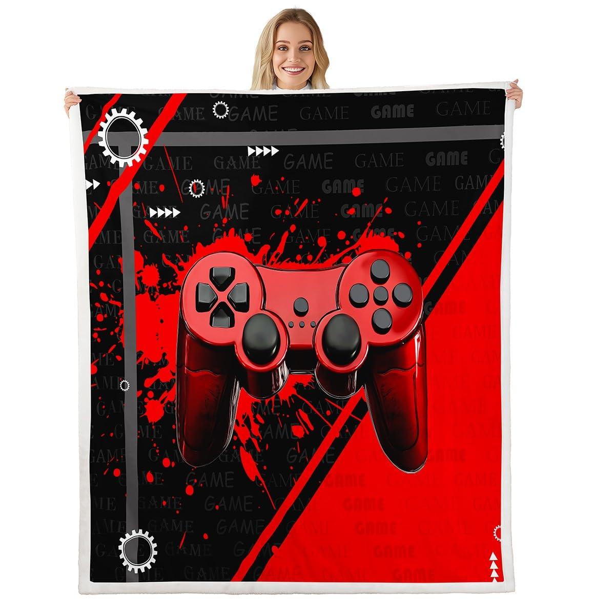 Homewish Homewish Gaming Gamepad Kids Throw Blanket,Video Games Controller Fashion Bed Blanket for Boys Girls Men,Geometric Patchwork Tie-dye Fleece Blanket,Red Black Fuzzy Blanket,Queen Size (90 x 90 Inches)