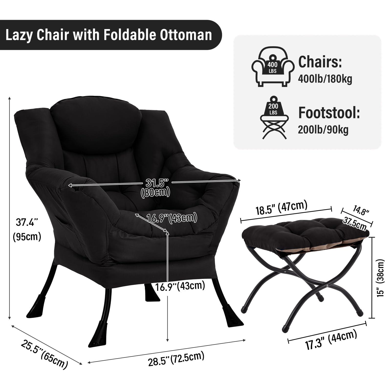 Furlide Furlide Lazy Chair with Ottoman, Modern Chair with Folding Footrest, Lounge Accent Chair, Comfortable Reading Chair (Black)