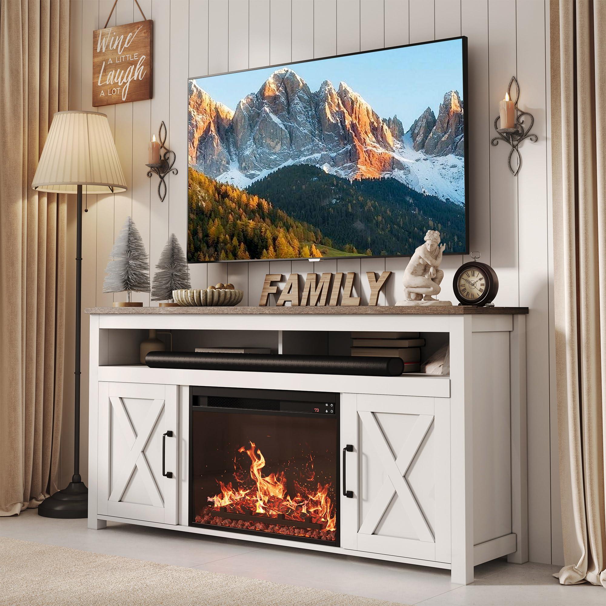 BELLEZE BELLEZE 58" Farmhouse Fireplace TV Stand for TVs up to 65", 23" Electric Fireplace Heater with Sound, Entertainment Center Media Console Table Barn Door Storage Cabinets for Living Room - White