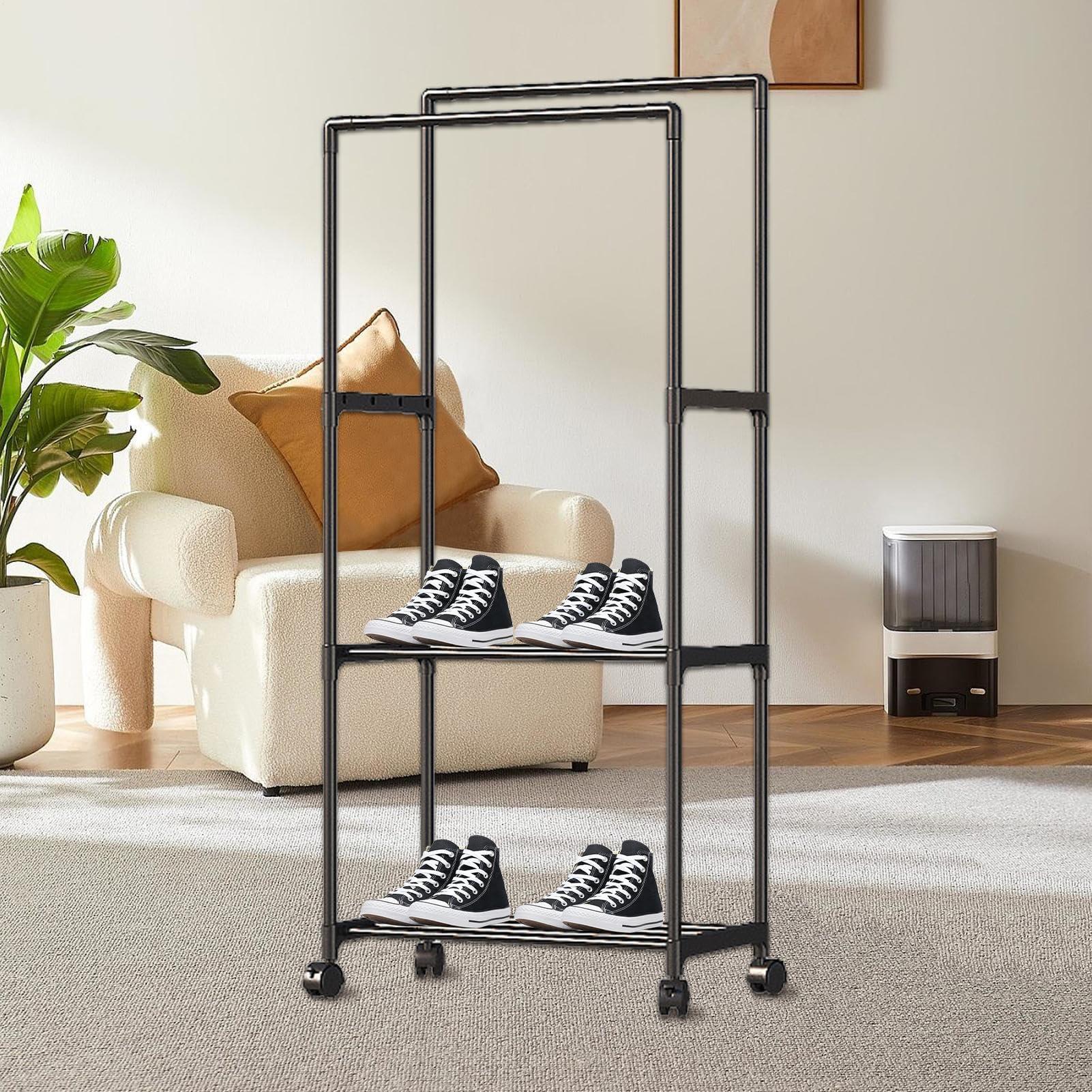 Libaroud Double Rods Clothing Rack with Wheels, Rolling Hanging Clothes Rack, Multi-functional Bedroom Clothes Rack for Bedroom, Living Room, Clothing Store