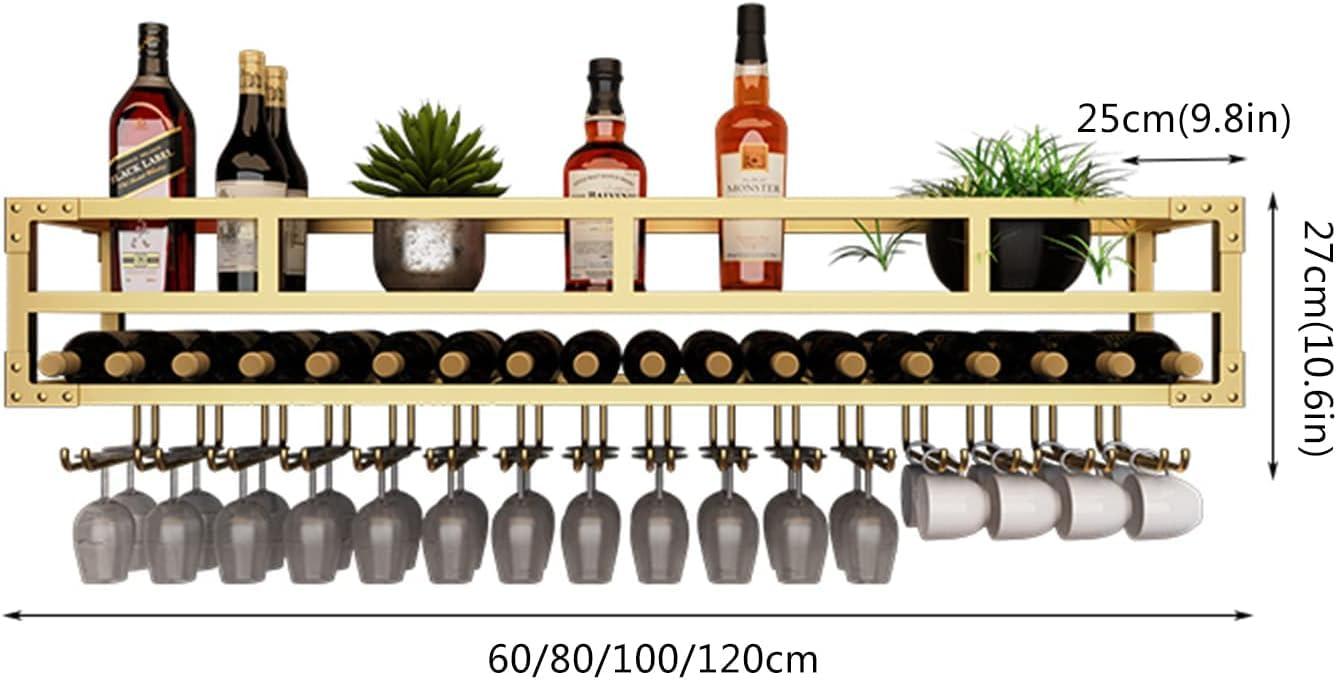 HDGTDR3SS2865SSSSTT Wall Mounted Wine Rack with Lights Industrial Wine Bottle Glass Floating Shelves with Stemware Hanger Modern Plants Photos Wine Display Storage Holder for Kitchen Dining Room Bar (Gold 60x25cm)