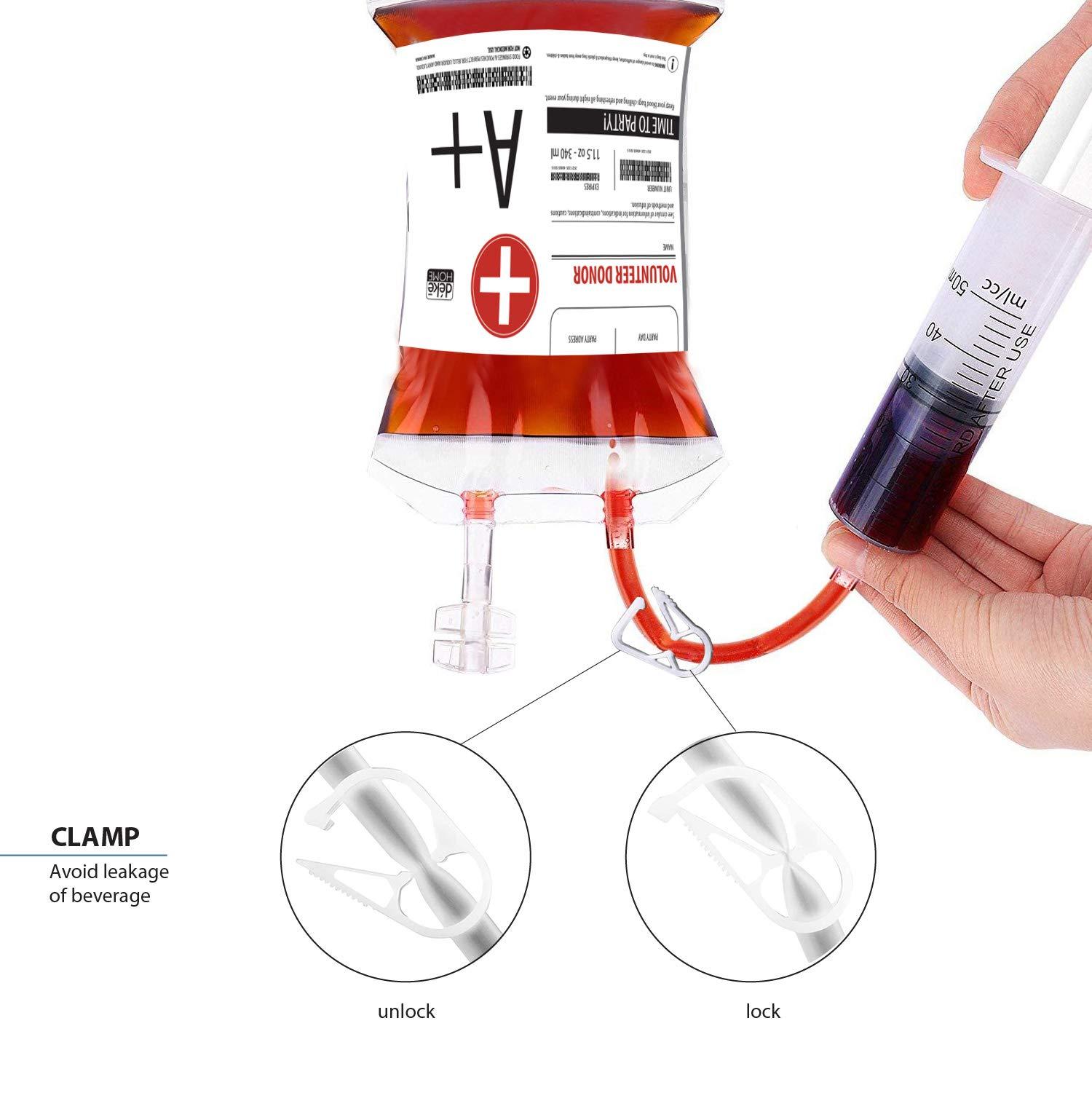 Deke Home Deke Home - Fake IV Blood Bags for Drinks with Extra Syringe, Labels & Clips. Reusable Blood Bag. Drink Pouches. Food Grade, Perfect for Halloween, Party and Decor (Pack of 20, 20, Count)