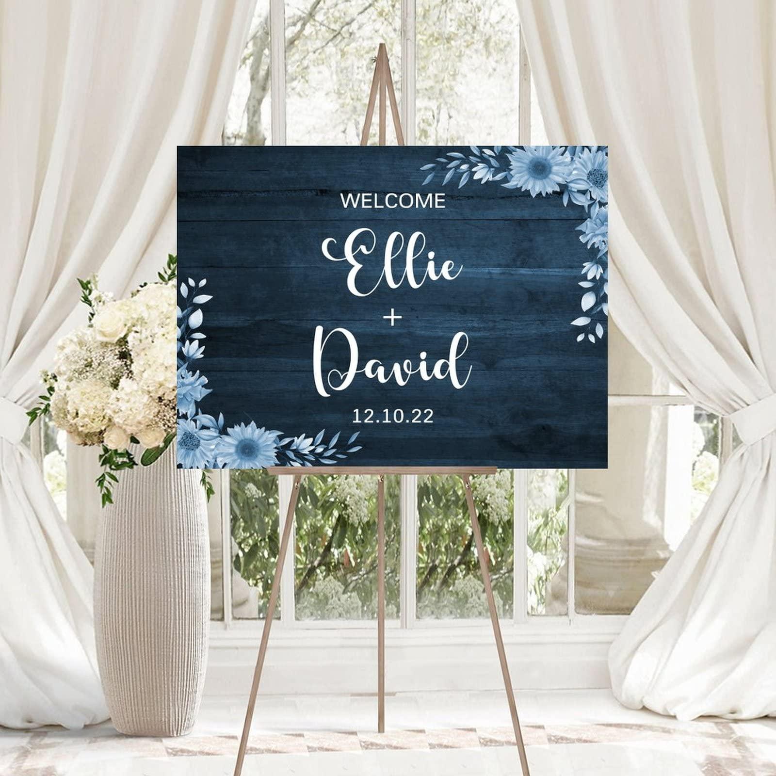 Alioyoit Rustic Wood Wedding Sign Floral Blue Wood Wooden Wedding Welcome Sign Customizable Wedding Reception Ceremony Sign Perfect for Wedding Anniversary Engagement Party Decor Wedding Gift 12x16 Inch
