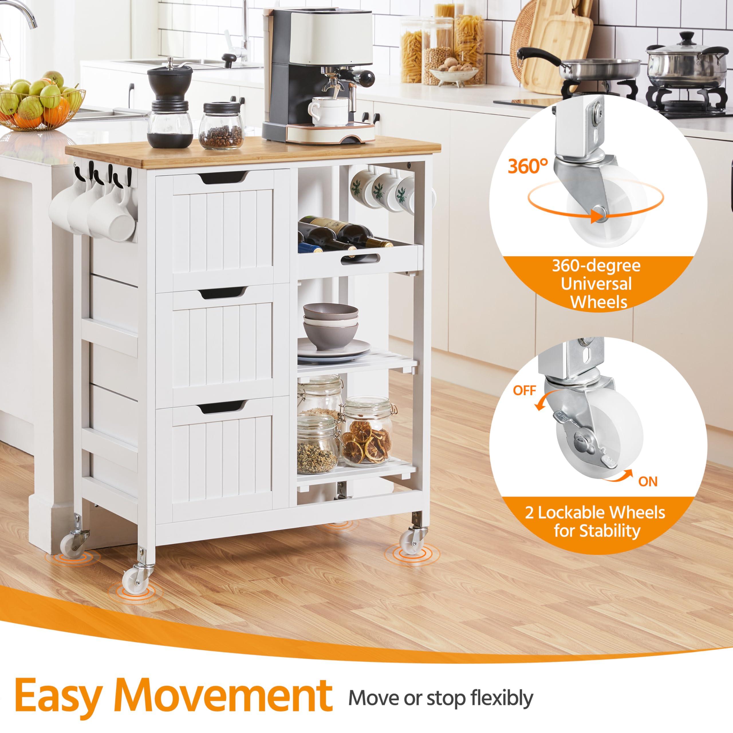 Yaheetech Yaheetech Kitchen Island Cart on Wheels with Bamboo Countertop, Rolling Serving Utility Trolley Cart with 3 Drawers, 3 Removable Shelves & Lockable Casters, Storage Cabinet for Dining Room, Bar, White