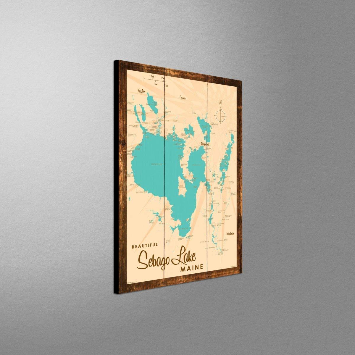 Art of Place Sebago Lake Maine Map Rustic Wood Art Print from Illustration by Lakebound 12" x 18"