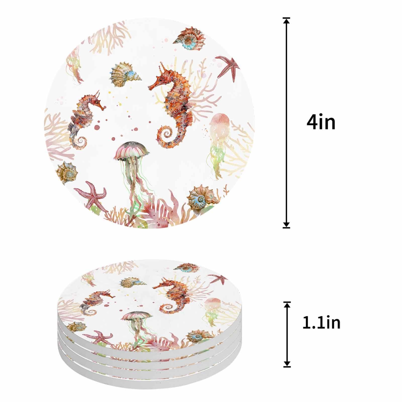 EwdeWwo Ocean Absorbent Coaster for Drinks with Cork Summer Marine Life Nautical Seahorse Starfish Ceramic Coasters Set for Room Decor, Bar, Housewarming, Holiday Party (6-Piece Set with Holder)