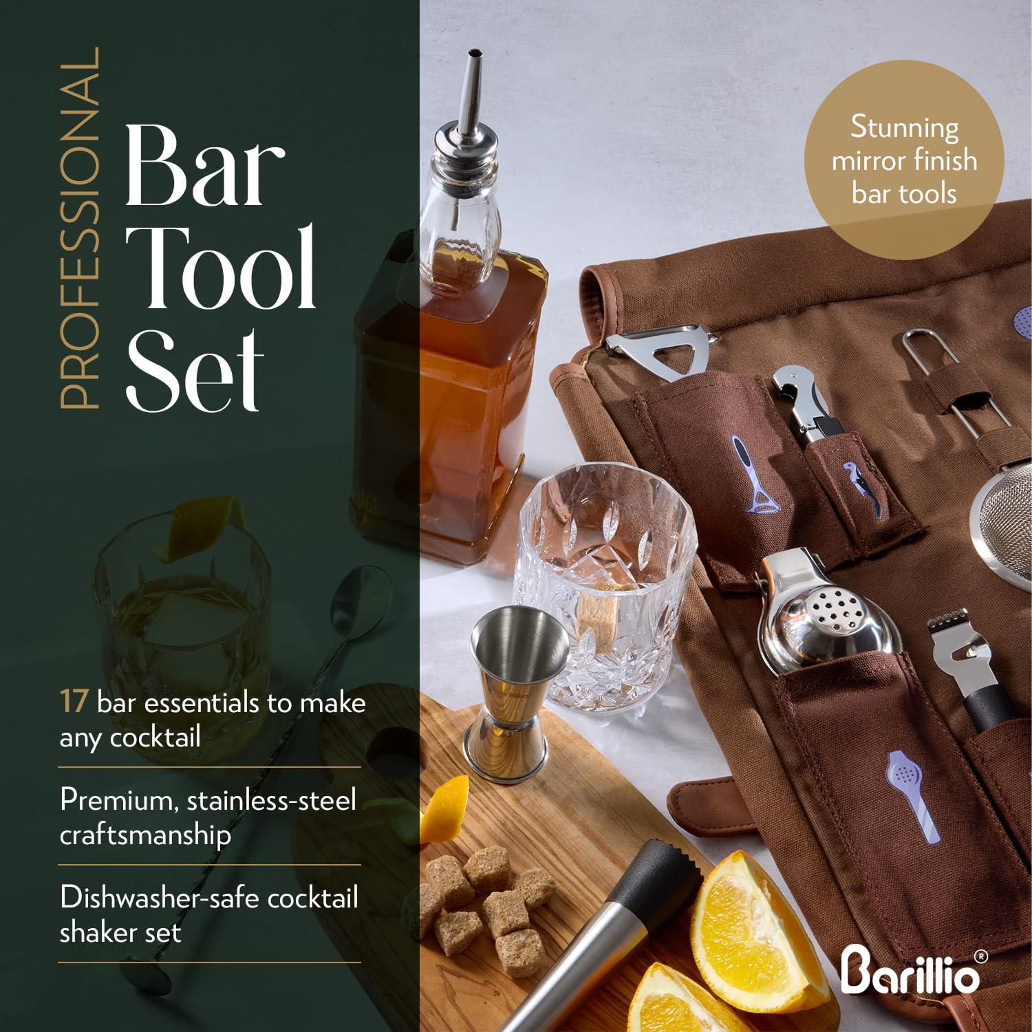 barillio Barillio Bartender Kit Bag with Cocktail Shaker Set - Waxed Canvas, Traveling Bar Tools Bag with 17-Pc Cocktail Kit - Travel Mixology Bartending Kits - Mobile Bar Bag with Strap & Accessories - Silver