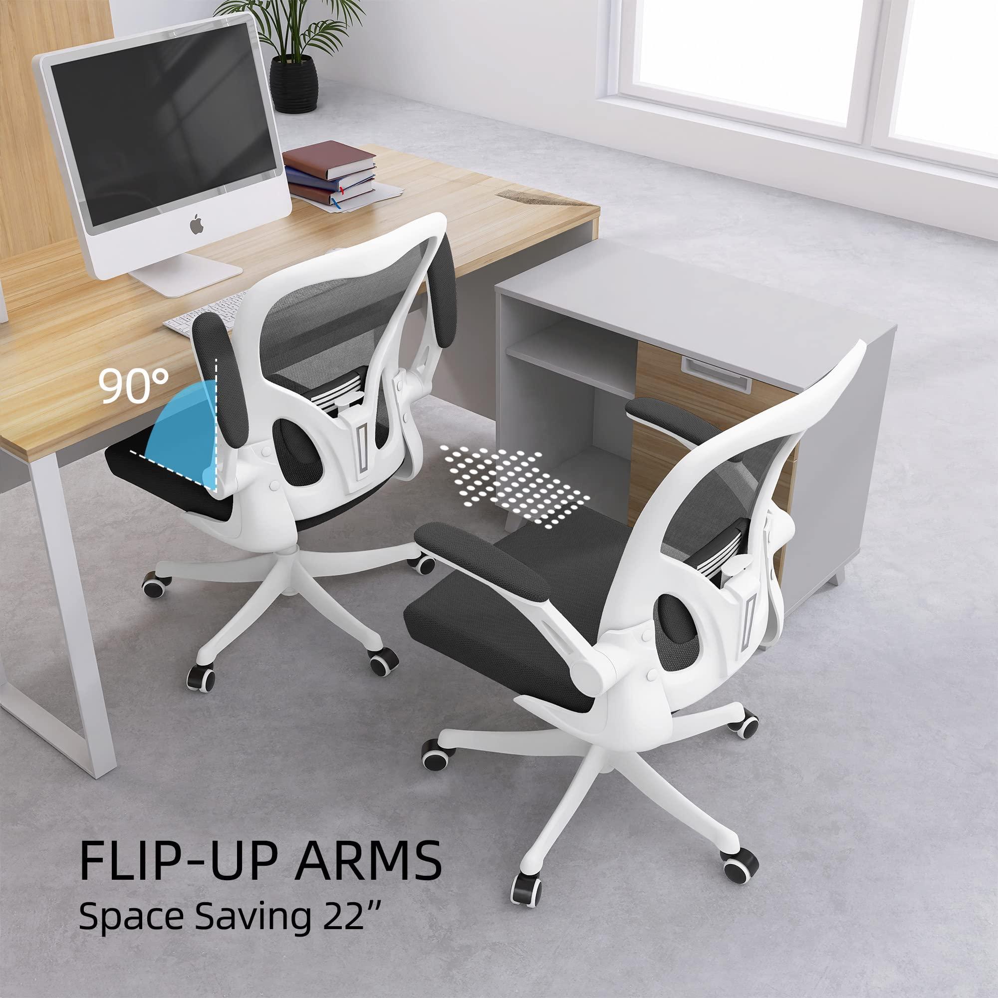Monhey Monhey Office Chair - Ergonomic Office Chair with Lumbar Support & Flip Up Arms Home Office Desk Chairs Rockable High Back Swivel Computer Chair White Frame & Black Mesh Study Chair