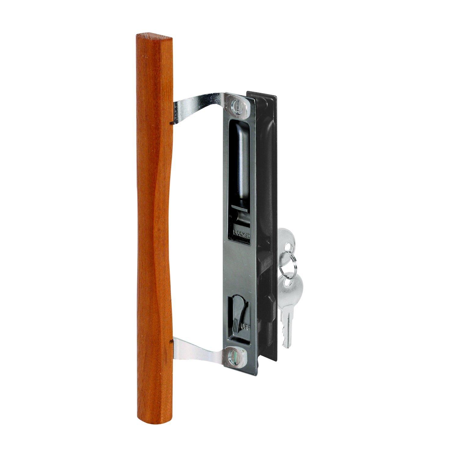 Slide-Co Prime-Line 141638 Sliding Glass Door Handle Set, 6-5/8 In., Diecast and Wood, Hook Style, Flush Mount, Keyed (Single Pack)