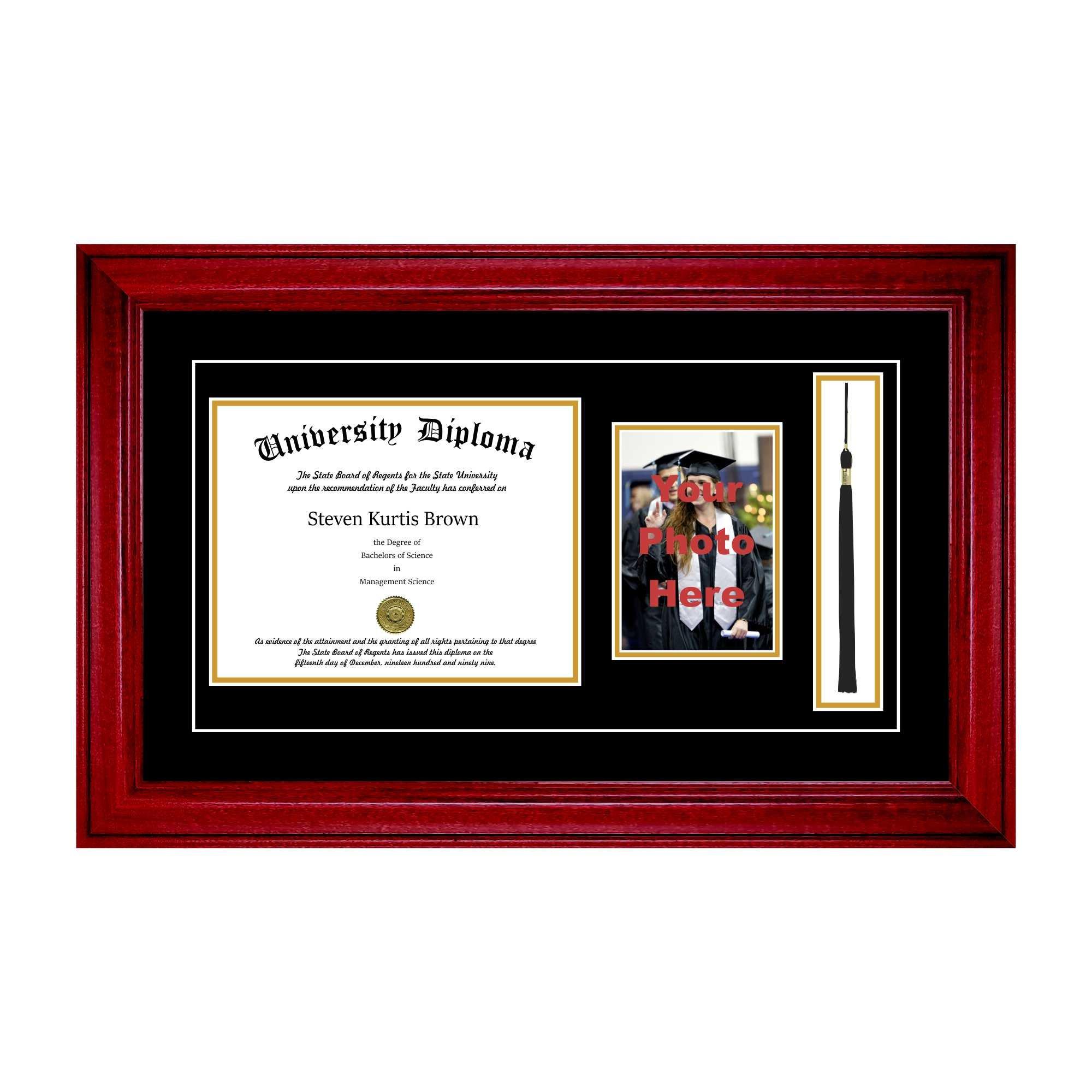 Perfect Cases Perfect Cases Single Diploma Frame with 5x7 Photo, Tassel and Double Matting for 9\" x 7\" Tall Diploma with Cherry 2\" Frame
