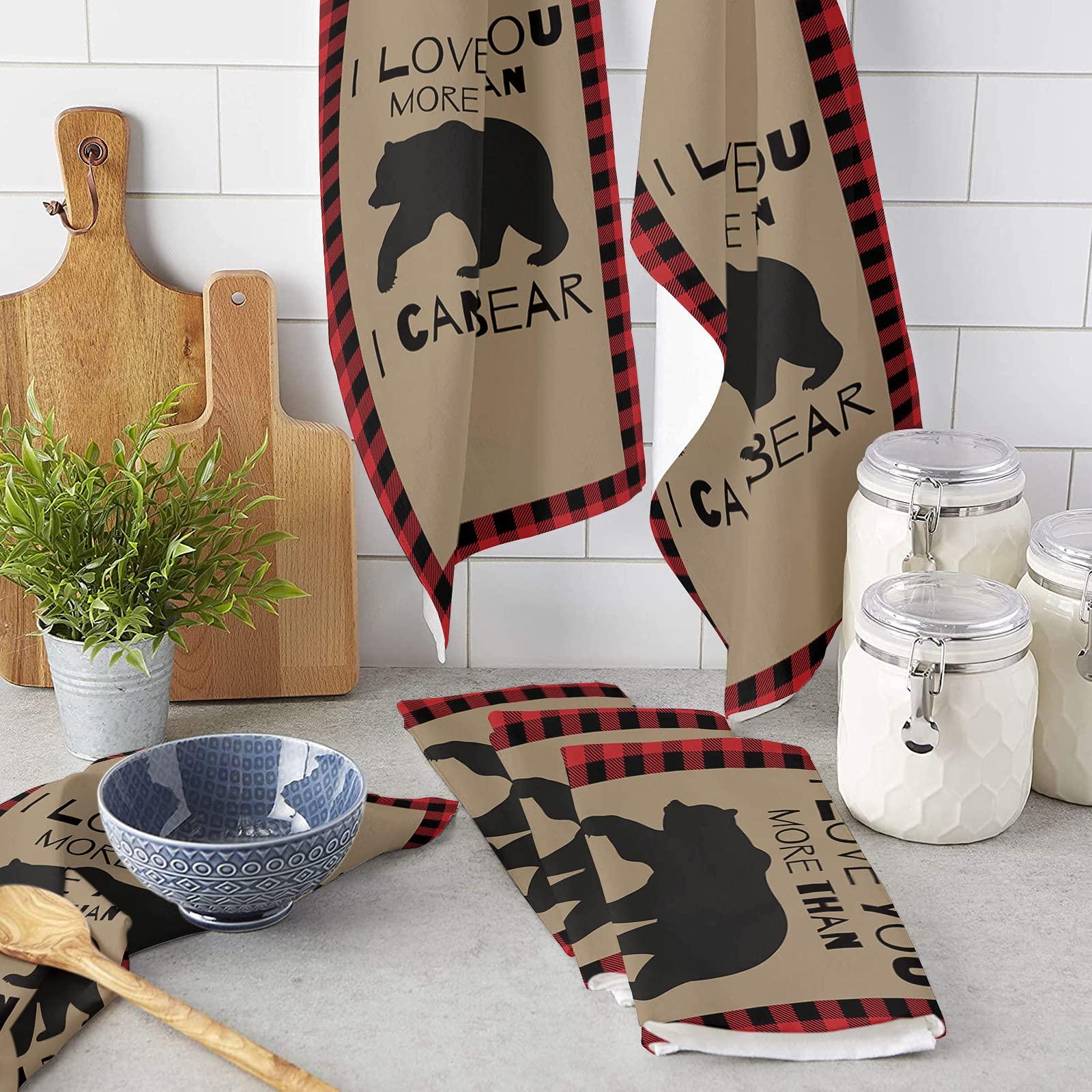 Kewadony Kewadony Christmas Bear Kitchen Towels 2 Pack Dish Towels for Kitchen, Red and Black Checkered Absorbent Microfiber Hand Towels for Bathroom, Soft Tea Towels Bar Towels, 18 x 28 Inch