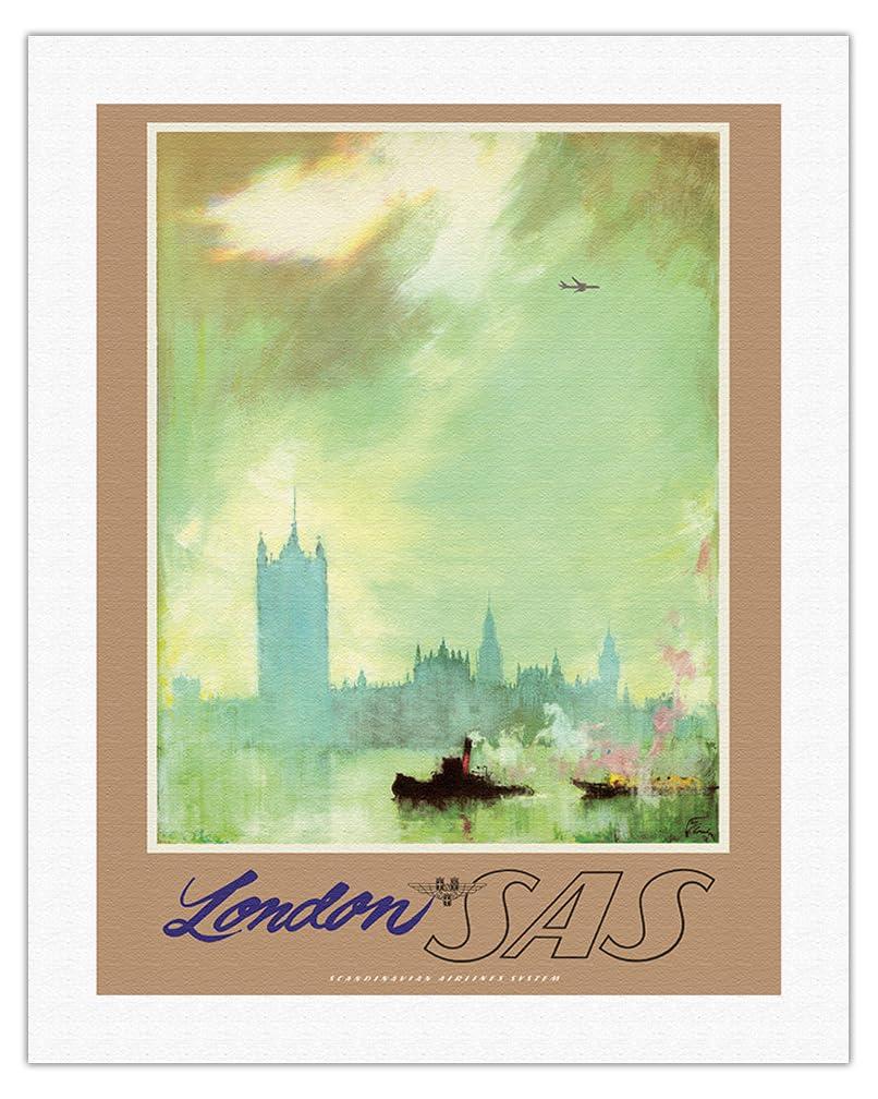 Pacifica Island Art London - River Thames - SAS Scandinavian Airlines System - Vintage Airline Travel Poster by Otto Nielsen c.1960s - Fine Art Rolled Canvas Print 20in x 26in
