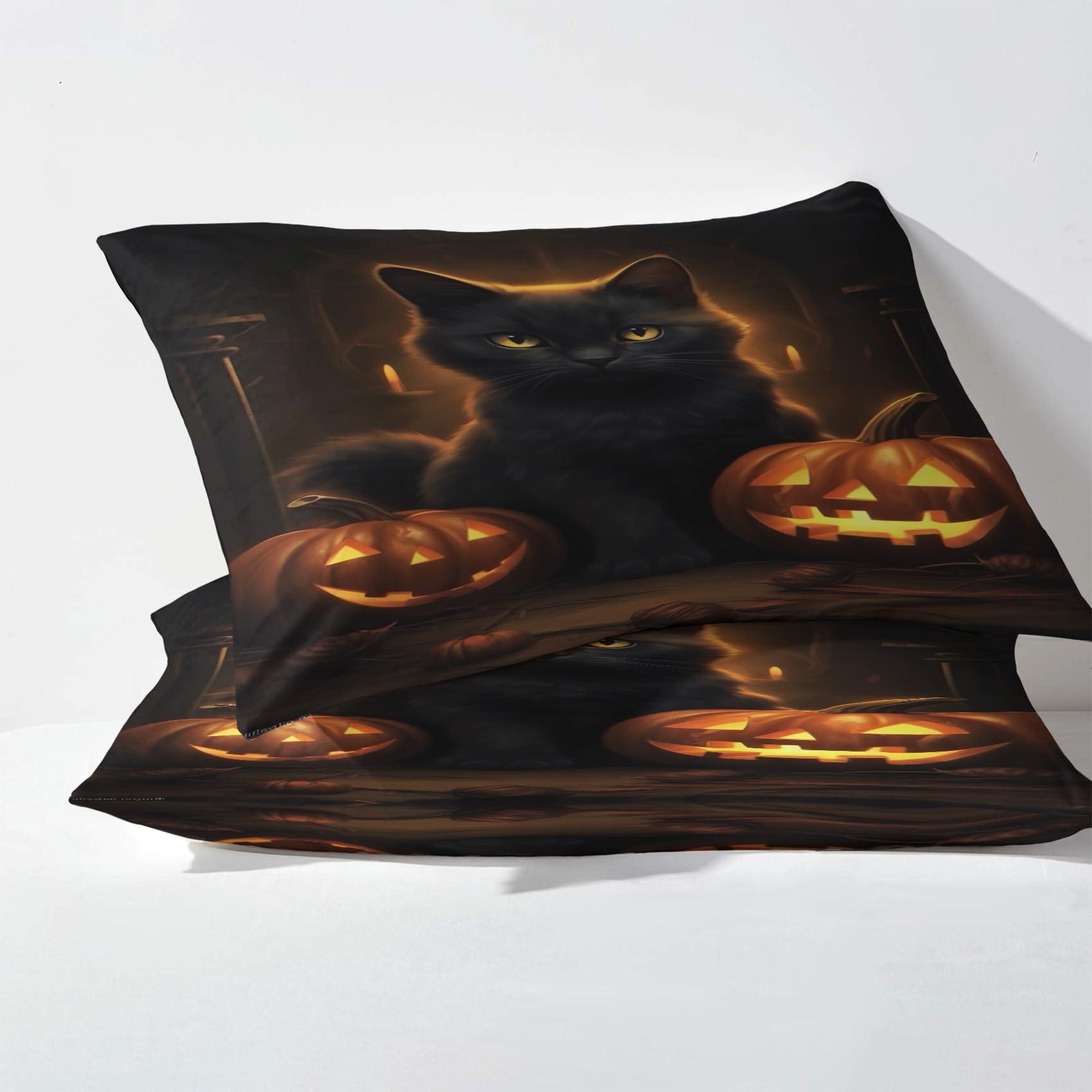 GEDAEUBA Halloween Sheets Twin XL Sheet Sets - Black Cat Pumpkin Lantern Bed Sheets for Kids Boys Girls, Halloween Theme Sheet Set with Deep Pocket Fitted Sheet, Soft Microfiber Wrinkle Free Bedding Set