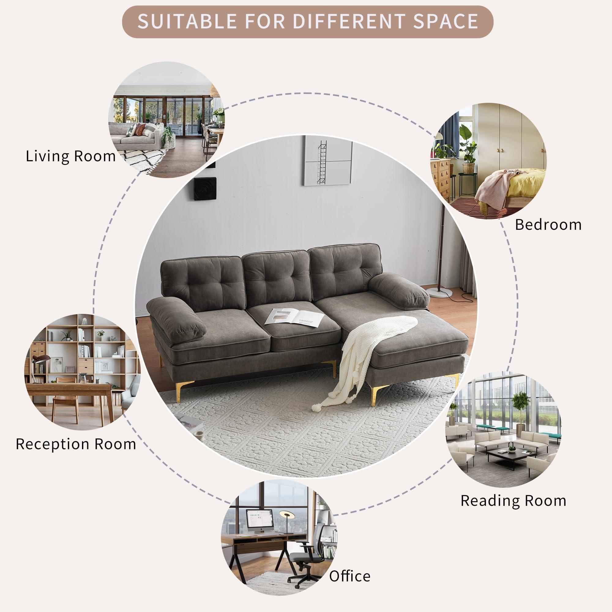 FANYE FANYE L-Shaped Sectional Sofa Couch with Wide Chaise, 83" 3-Seater Convertible Corner Sofa&Couch with Pillows Armrests and Golden Metal Legs Perfect for Home Office Apartment Compact Living Room