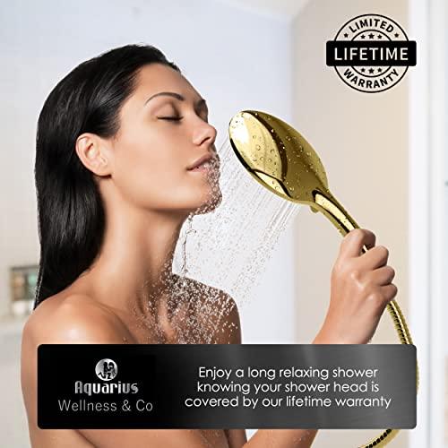 Wellness & Co Aquarius Gold Shower Head With Handheld Sprayer, 6 Spray Settings High Pressure Polished Brass Shower Head With Hose (Extra Long) & Adjustable Brass Ball Bracket Kit, Shower Head Gold Finish