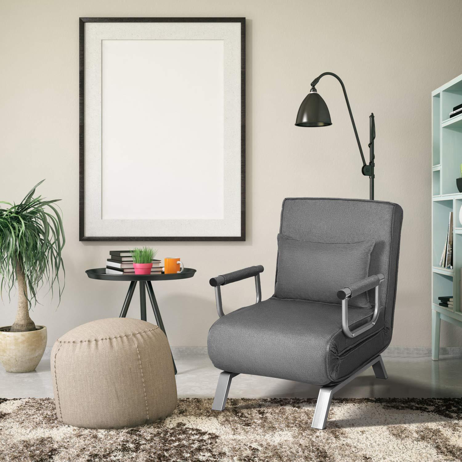 N / Convertible Sofa Bed Sleeper Chair, Modern Chaise Lounge 5 Position Adjustable Backrest, Folding Arm Chair Sleeper with Pillow, Upholstered Seat, Couch for Bedroom Home Office, Grey