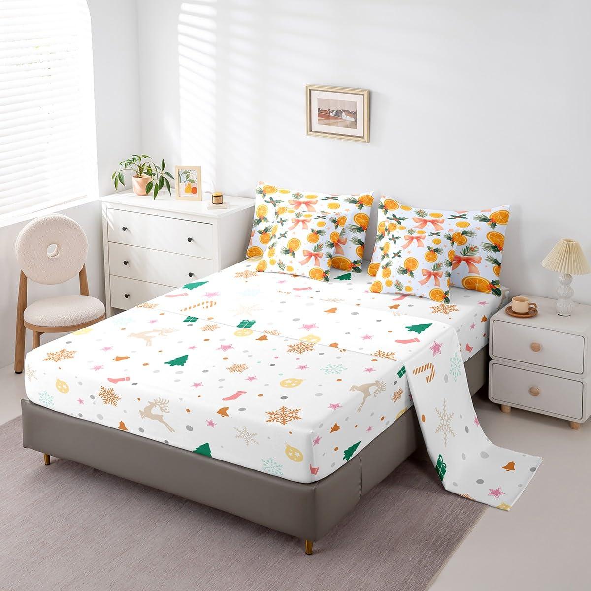 Feelyou Feelyou Merry Christmas Comforter Set with Sheets Christmas Bow Orange Flower Bed in a Bag for Kids Boys Girls Bedroom Bed Decor Xmas Christmas 7 Piece Bedding Set Queen Size Soft Bed Set