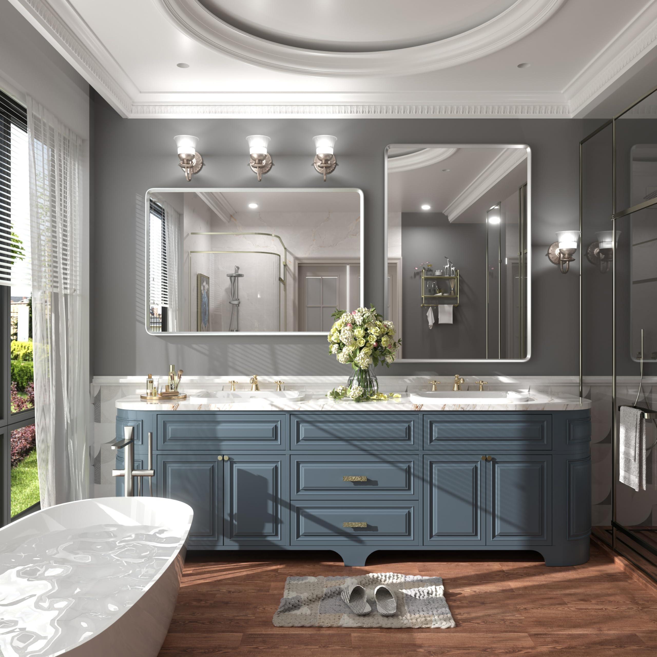 GOLOMO GOLOMO 48x36 Inch Silver Bathroom Mirror for Wall, Silver Metal Framed Bathroom Vanity Mirror, Modern Rounded Rectangle Mirror, Shatterproof, Anti-Rust (Horizontal/Vertical)