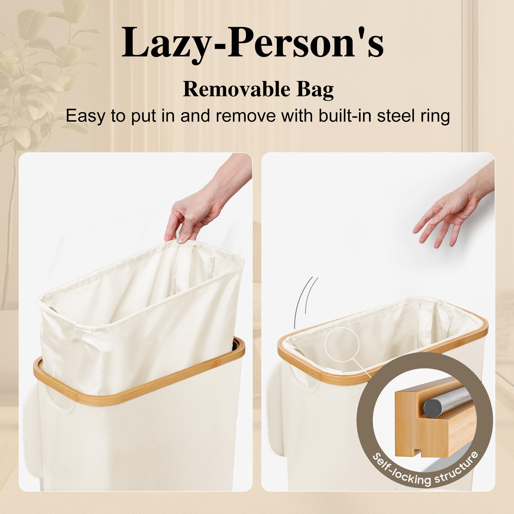 Foluck Foluck Slim Laundry Hamper, 60L Waterproof Narrow Laundry Basket with Lid and Removable Bag, Collapsible Tall Clothes Hamper with Bamboo Handles for Clothes Toys in Dorm Bedroom Bathroom, Beige