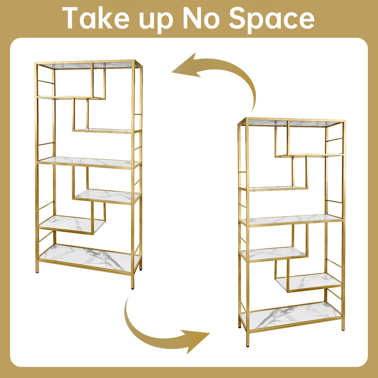 AT-VALY AT-VALY 6 Tier Bookcase Bookshelf, 72.4Tall Modern Freestanding Bookshelf with 6 Shelves, Faux Marble Open Display Storage Book Shelves for Living Room Bedroom Home Office (Gold)