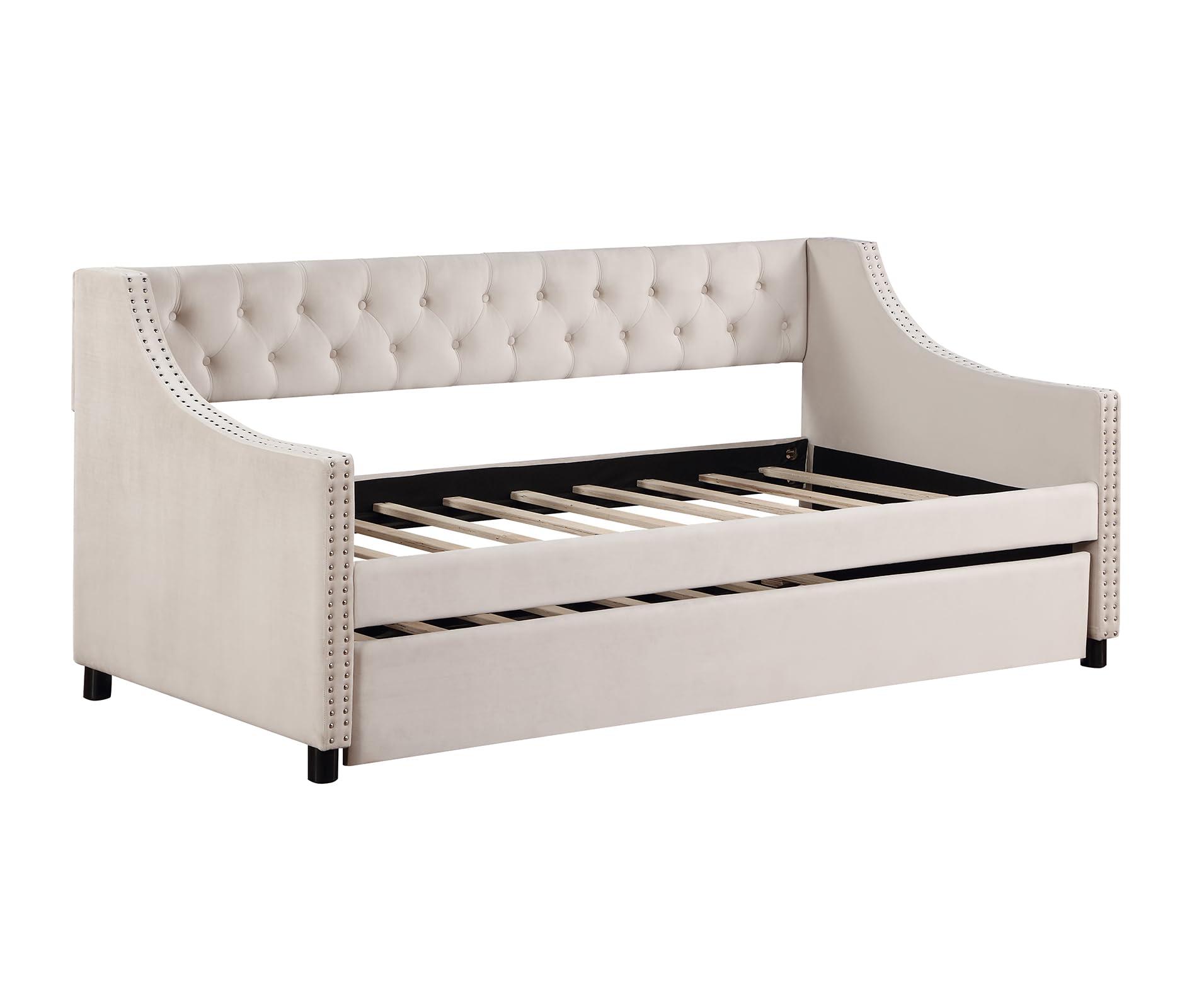SCANORDIC SCANORDIC Daybed with Trundle, Modern Sofa Bed with Button and Copper Nail on Arms, No Box Spring Needed Perfect Furniture for Bedroom Living Room Guest Room,Beige