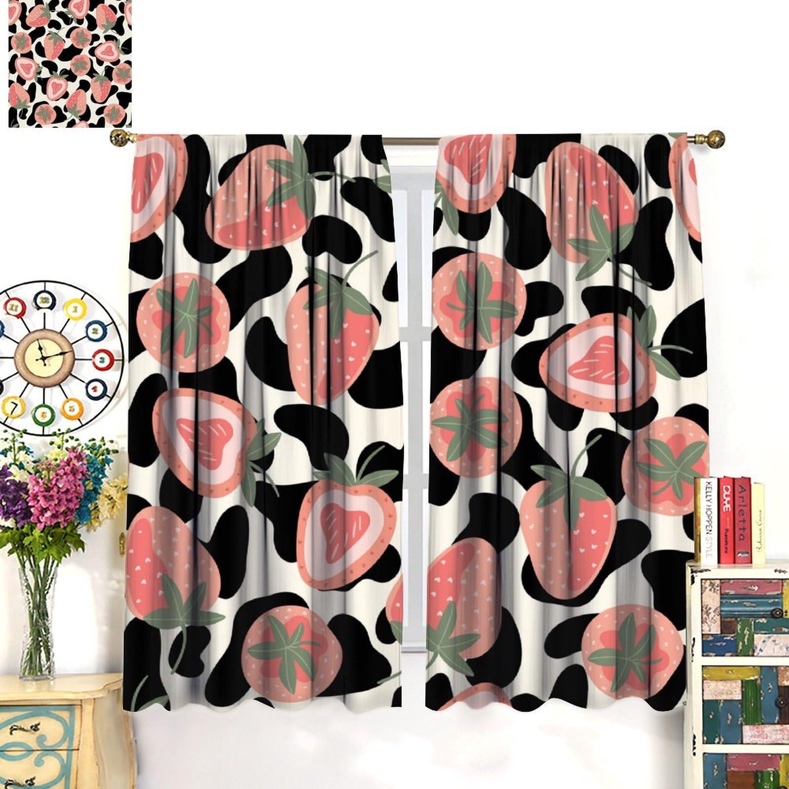 BenYaSong Milk Cow Print Blackout Curtains,Cartoon Pink Strawberry,Bull Cattle Farm Animals Black White Cowhide,Fruits Themed Window Treatments for Home Kitchen Restaurant Decoration Window Curtain 2Panel 52"W