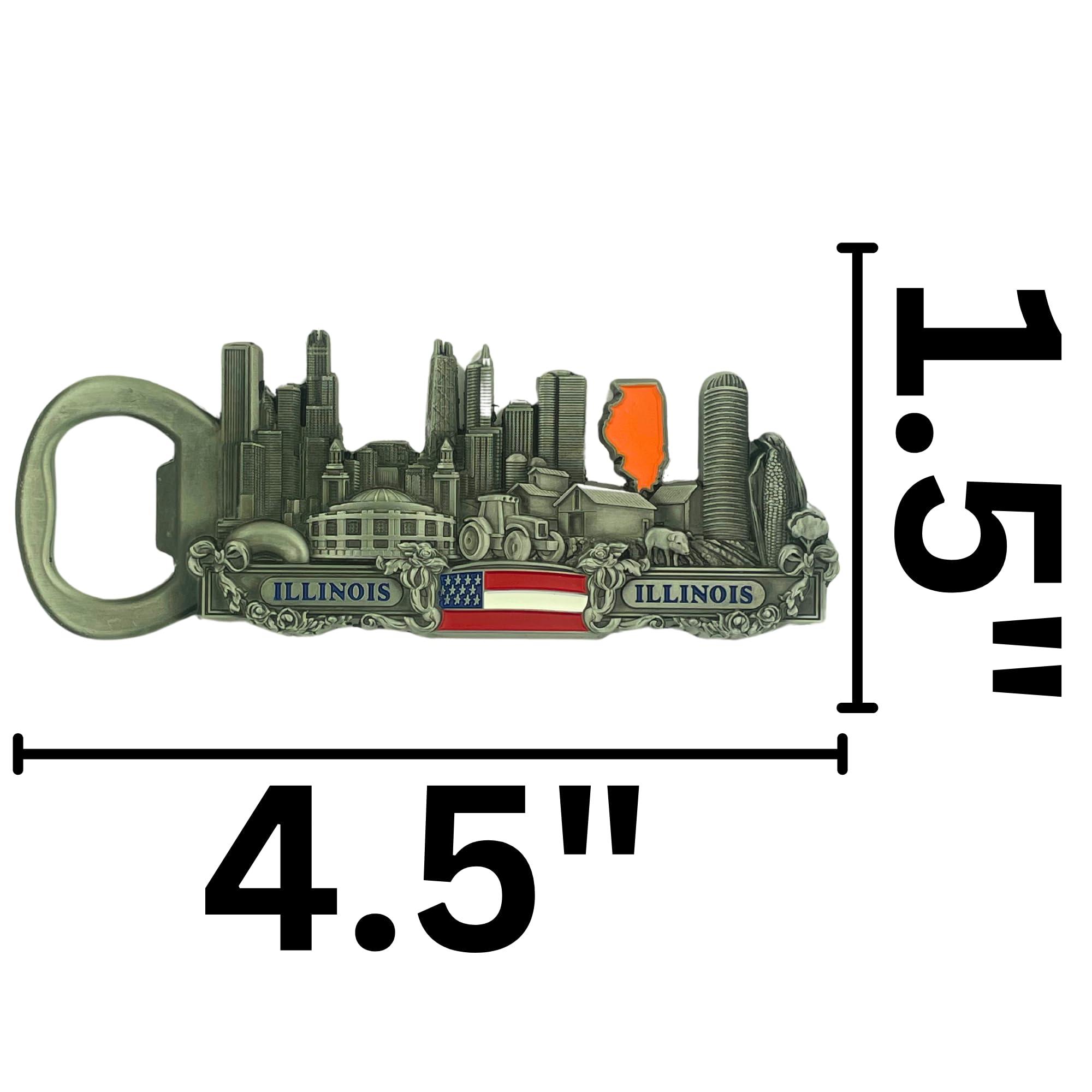 Mad Mags Illinois State Themed Magnetic Bottle Opener, Durable Kitchen Utensil, Souvenir and Gift, 1.5 by 4.5 Inches