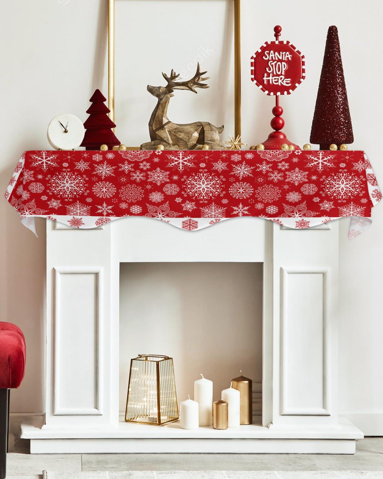 Edwiinsa Christmas Fireplace Mantel Scarf Table Runner, Winter Garland Mantel Top Tablerunners Dresser Scarves Cover Decorations for Windows Party Living Room 60x17 Red Merry Xmas Snowflake Winter Holiday