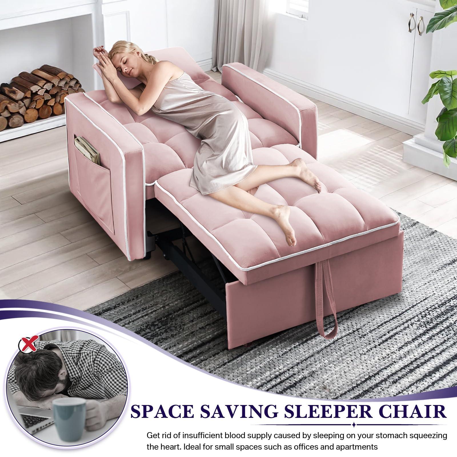 Antetek Convertible Sleeper Chair Bed, 3 in 1 Modern Velvet Pull Out Sofa Bed, Small Tufted Single Sleeper Chair with Adjustable Backrest/Pillow for Living Room, Small Spaces, Apartment, Office, Pink