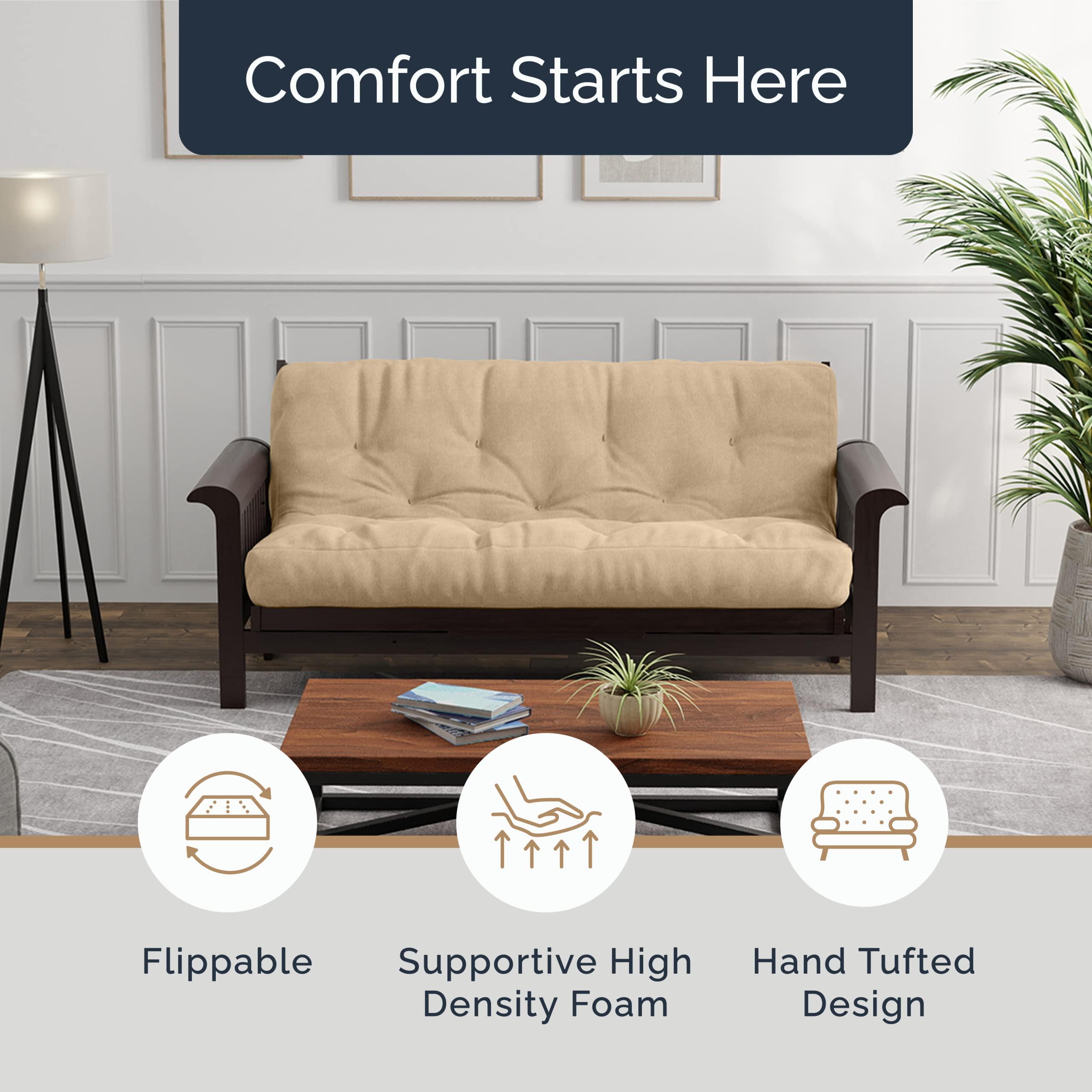 Loosh Loosh Home | 10" Queen Size Futon Sofa Bed Memory Foam Mattress - USA Made, Beige, No Frame