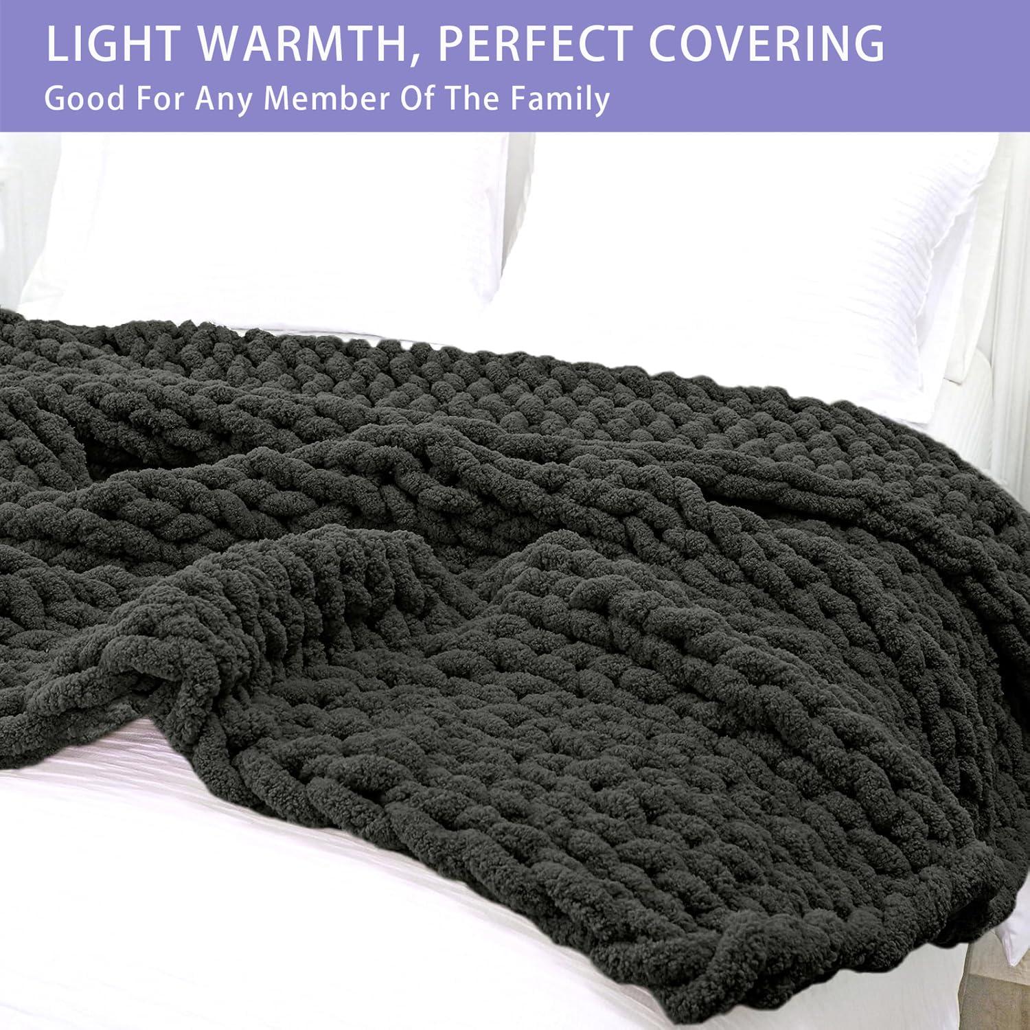 Bigacogo Bigacogo Chunky Knit Throw Blanket for Couch, 40x40 inches, 100% Hand Knitted with Thick Jumbo Chenille Yarn, Cozy Soft Large Rope Knot Cable Crochet Blankets for Sofa Bed Living Room, Dark Grey