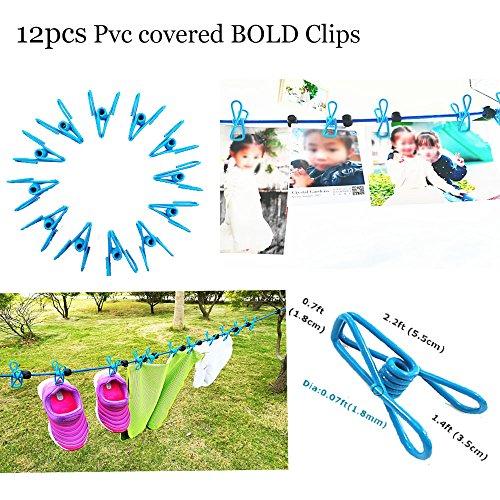 Starly Life Adjustable Elastic Clothesline with Clips and Positioning Balls Portable Retractable Windproof Laundry Hanging Rope Anti-Skid Washing Line with Drawstring Bag (Light Blue)