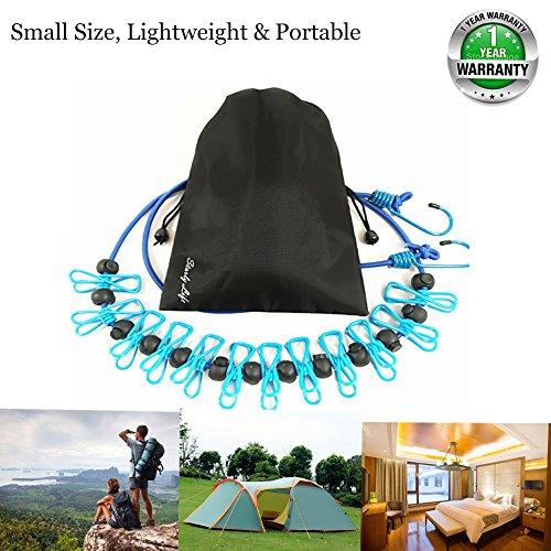 Starly Life Adjustable Elastic Clothesline with Clips and Positioning Balls Portable Retractable Windproof Laundry Hanging Rope Anti-Skid Washing Line with Drawstring Bag (Dark Blue)