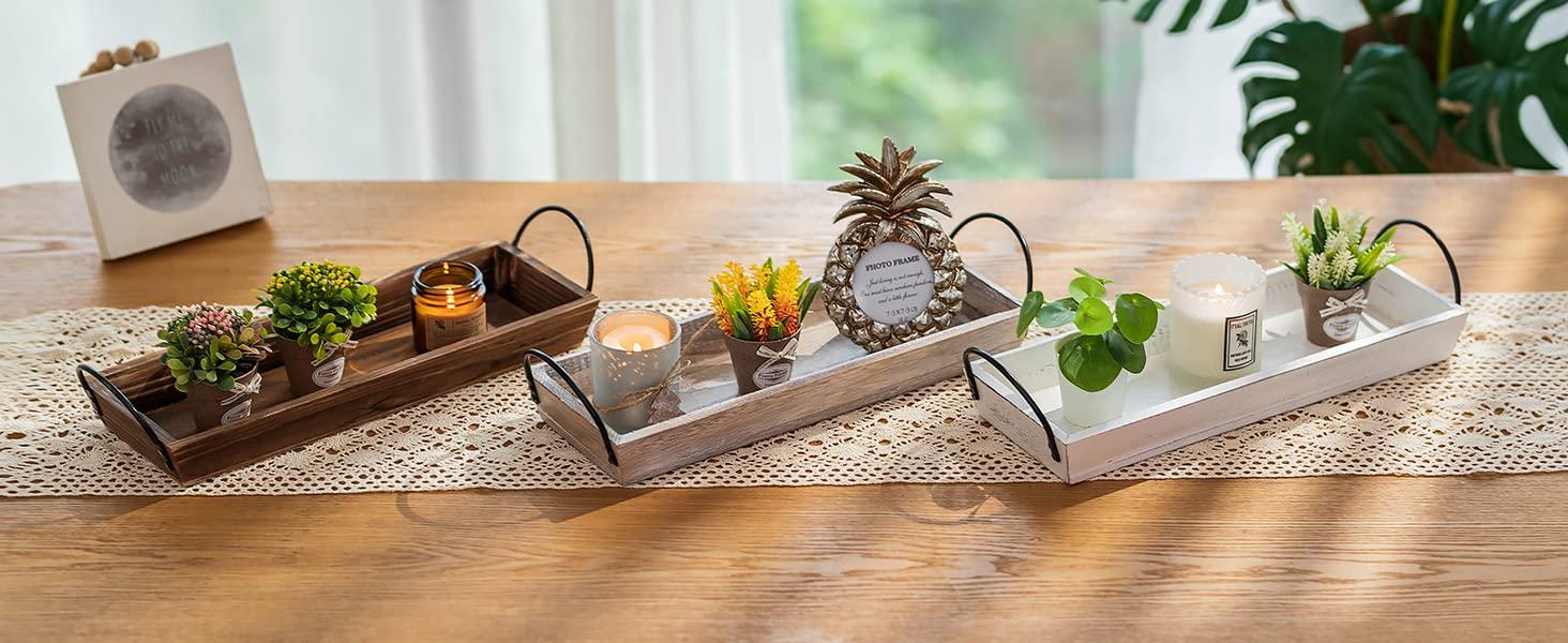 Hanobe Long Narrow Wood Candle Tray: Hanobe Rustic Wooden Candle Holders Rectangular Table Centerpieces for Dining Room Farmhouse Pillar Stand with Handle Rectangle Table Decor, Whitewashed
