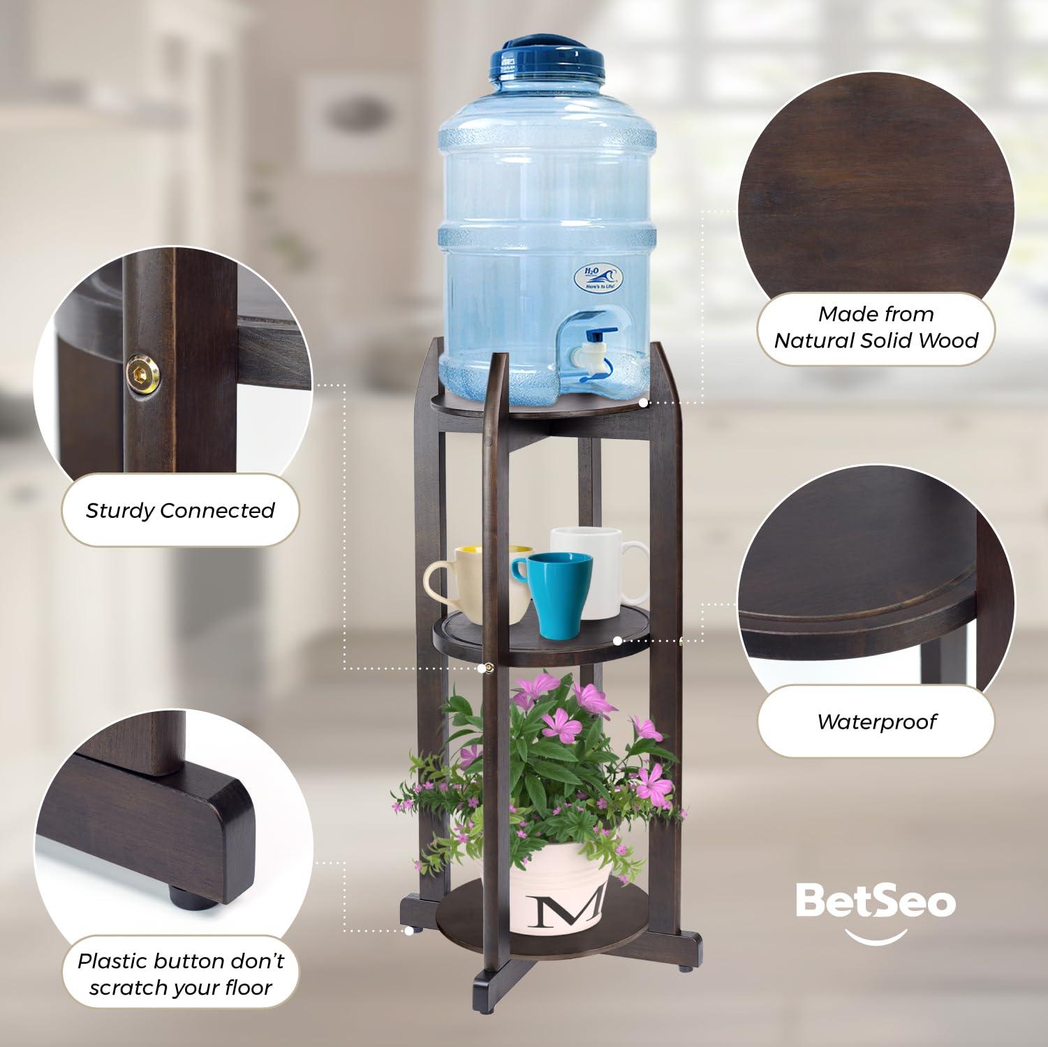 LASIDO Natural Solid Wood Water Dispenser Stand (32.8"Hight-11.2"Wide) Ceramic Water Dispenser Floor Stand, 5 Gallon Water Jug Stand with 3 Round Shelfs Included for 1-5 Gallon Water Bottles/Crocks/Water Jug