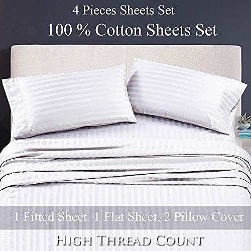HOME STUFFS Sheet Set Twin-XL-39X80 Bed Sheet Set White Stripe 24 inch Deep Pocket 4 Piece Bed Sheet Set- Fitted Sheet, Flat Sheet & Pillow Luxurious Bedding Set