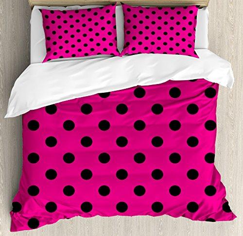 Ambesonne Ambesonne Hot Pink Duvet Cover Set, Pop Art Inspired Design Retro Pattern of Black Polka Dots Classical Spotted, Decorative 3 Piece Bedding Set with 2 Pillow Shams, King Size, Hot Pink Black