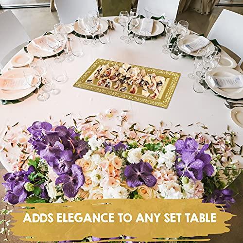 Yumchikel Decorative Plastic Serving Tray & Platter Set (2pk) - Gold Disposable Party Trays & Platters for Food - Weddings, Upscale Parties, Dessert Table, Cupcake Display - 14\"x7.5\" inches-Yumchikel