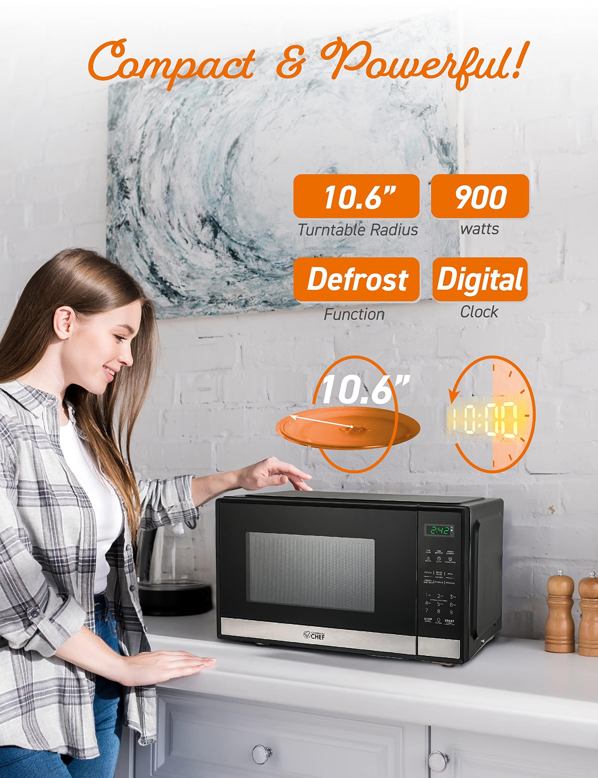 Commercial CHEF Commercial CHEF Small Microwave 0.9 Cu. Ft. Countertop Microwave with Touch Controls & Digital Display, Stainless Steel Microwave & 10 Power Levels, Outstanding Portable Microwave with Pull Handle