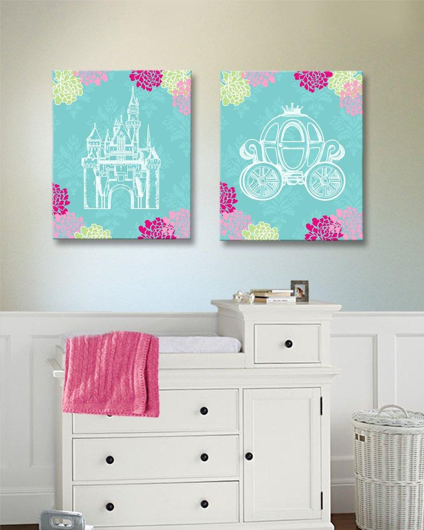 MuralMax Girls Princess Nursery Canvas Wall Decor - Unique Castle & Vintage Carriage Floral Wall Art - Memorable Baby Shower Gifts for Newborns Bedrooms & Playrooms - Choose from Designer Colors & Sizes