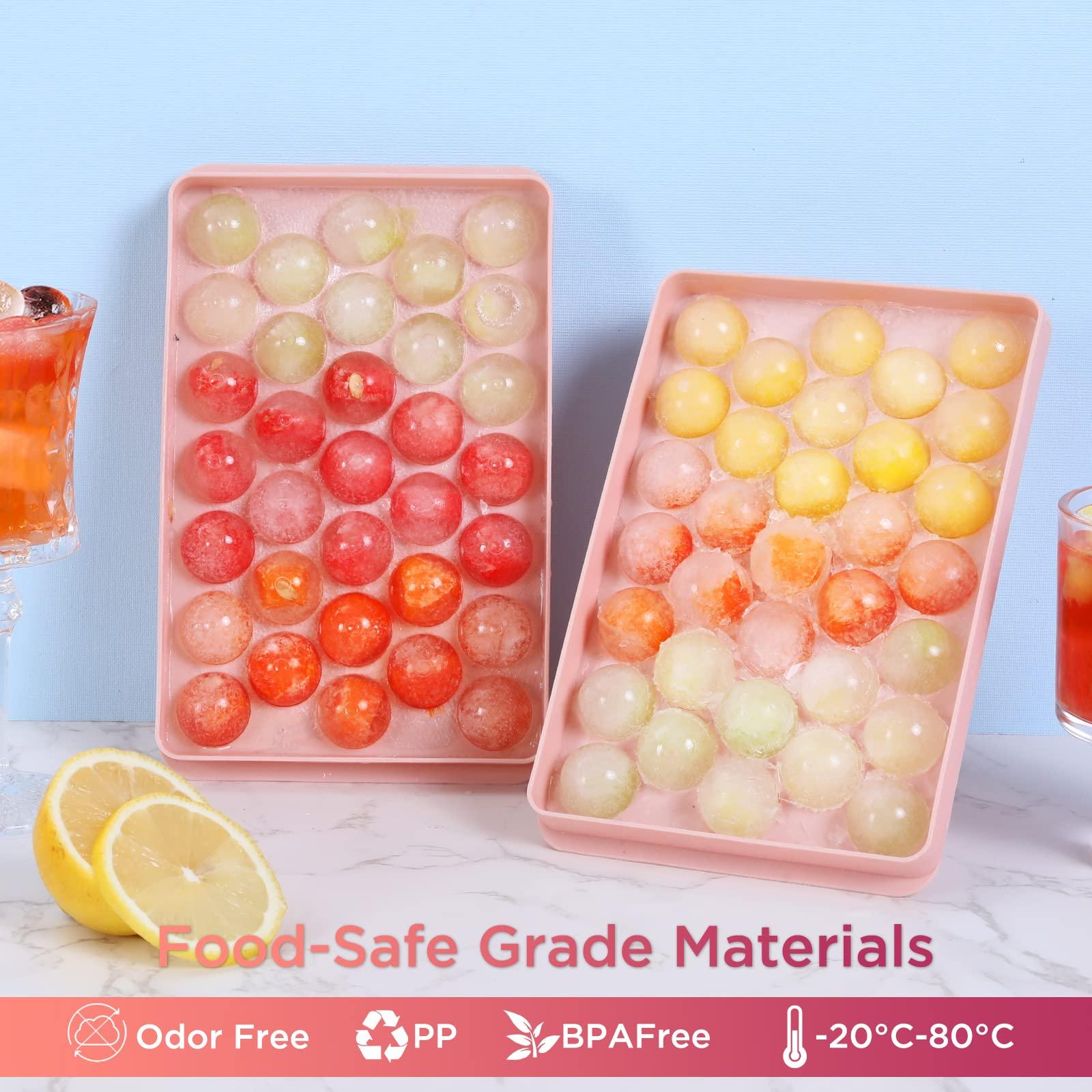Volpeblu Round Ice Cube Trays 3 Pack Circle Ice Ball Maker Mold Small Round Ice Cube Trays for Freezer with Lid & Bin Mini Sphere Ice Tray for Cocktail Coffee Juice Chilled Whiskey (Pink)
