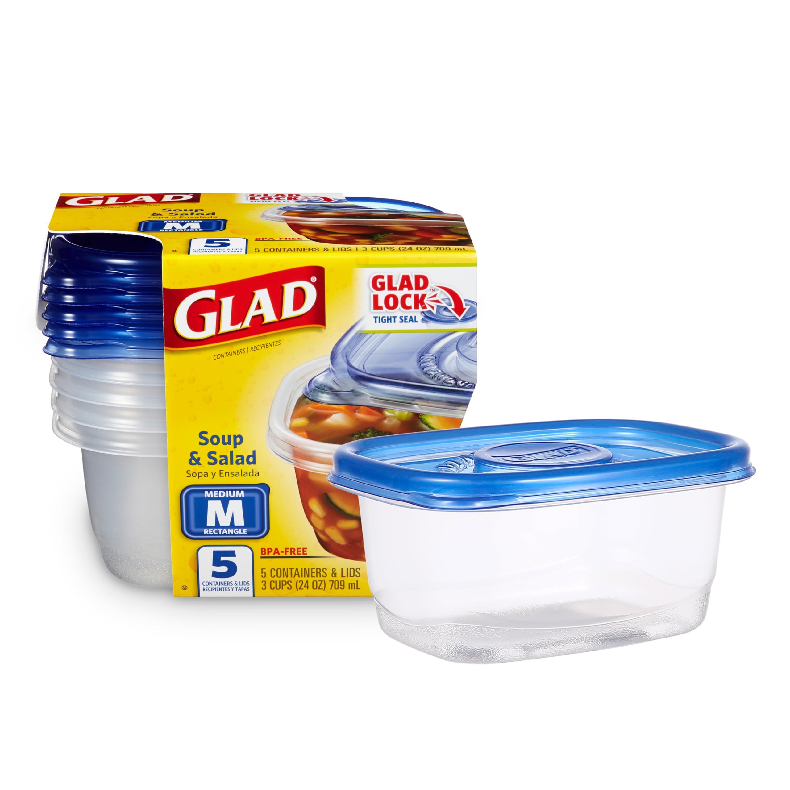 Glad GladWare Soup & Salad Food Storage Containers for Everyday Use | Medium Rectangle Containers for Food Storage | Containers Hold up to 24 Ounces of Food, 5 Count Set