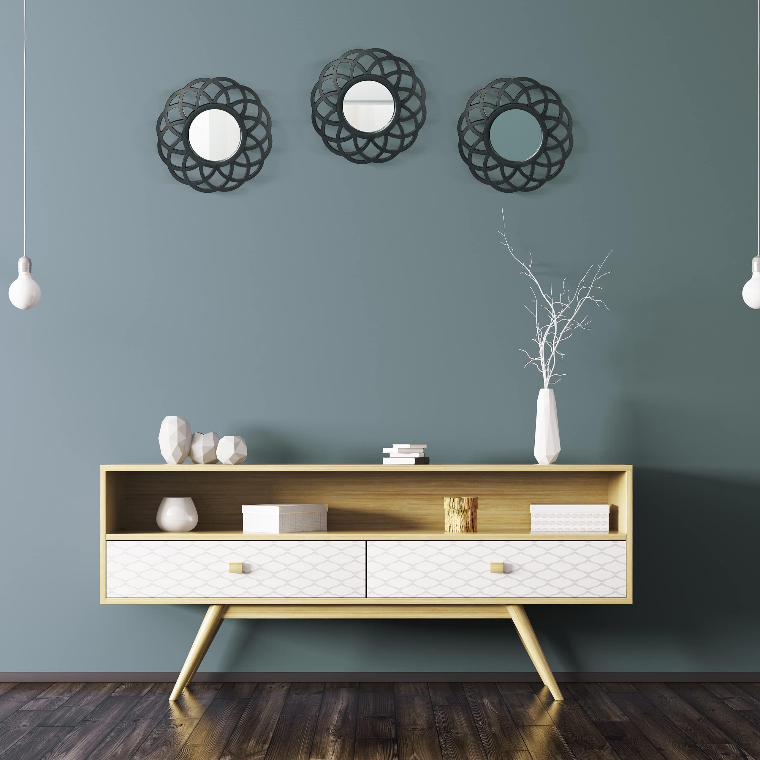 Relaxdays Relaxdays Set of 3 Mirrors, Round, Decorative, 26 cm, Wall Mounted, Plastic Frame, Lounge, Bedroom & Hallway, Black, Glass