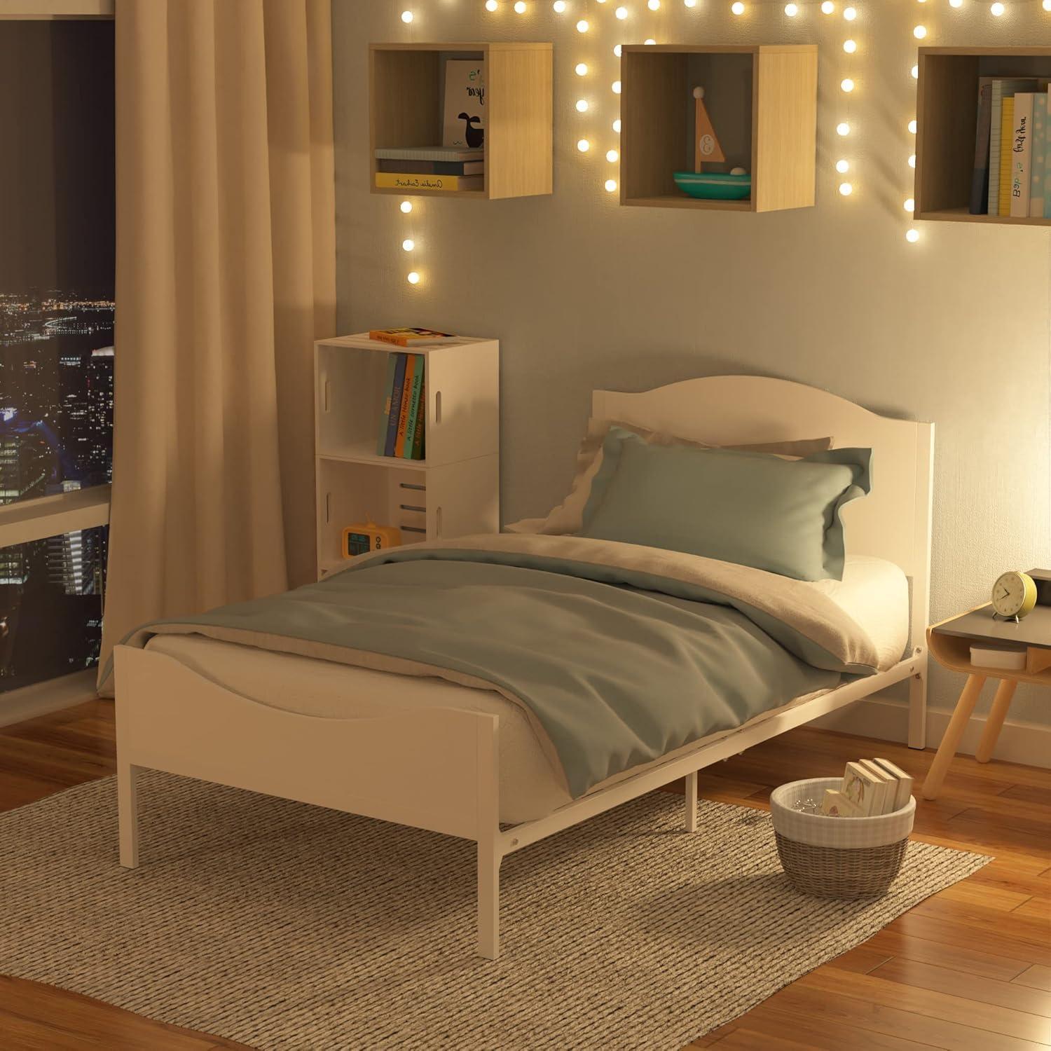 Timy Timy Kids Twin Bed Frame with Wooden Headboard and Footboard, Metal Platform Bed Frame for Boys Girls Teens Adults, Modern Kids Bed Furniture, No Box Spring Needed, White