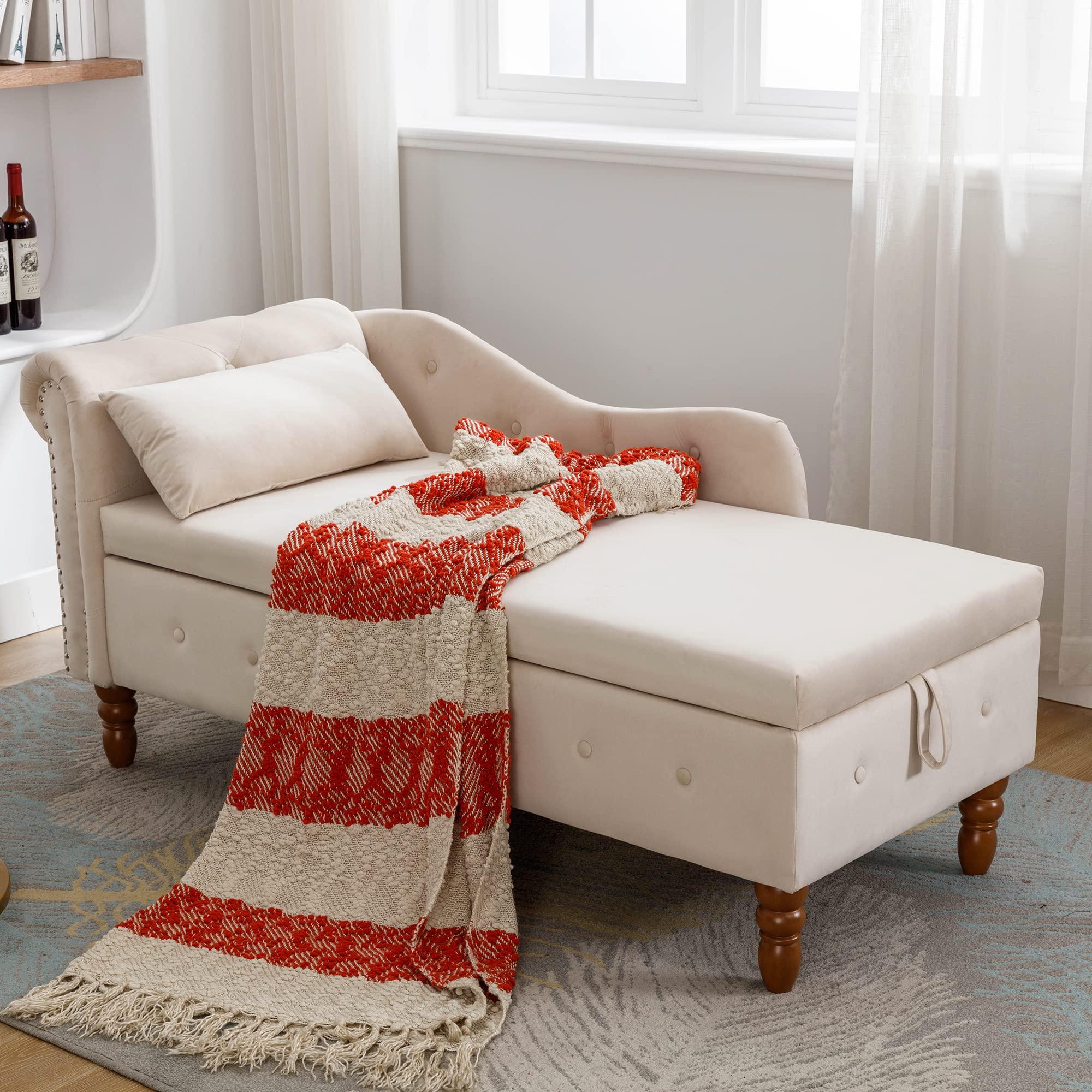 HABITRIO HABITRIO Modern Upholstered Chaise Lounge Indoor,Velvet Lounge Chair for Bedroom with Storage and Pillow,Modern Upholstered Rolled Arm Chase Lounge for Sleeping with Nailhead Trim