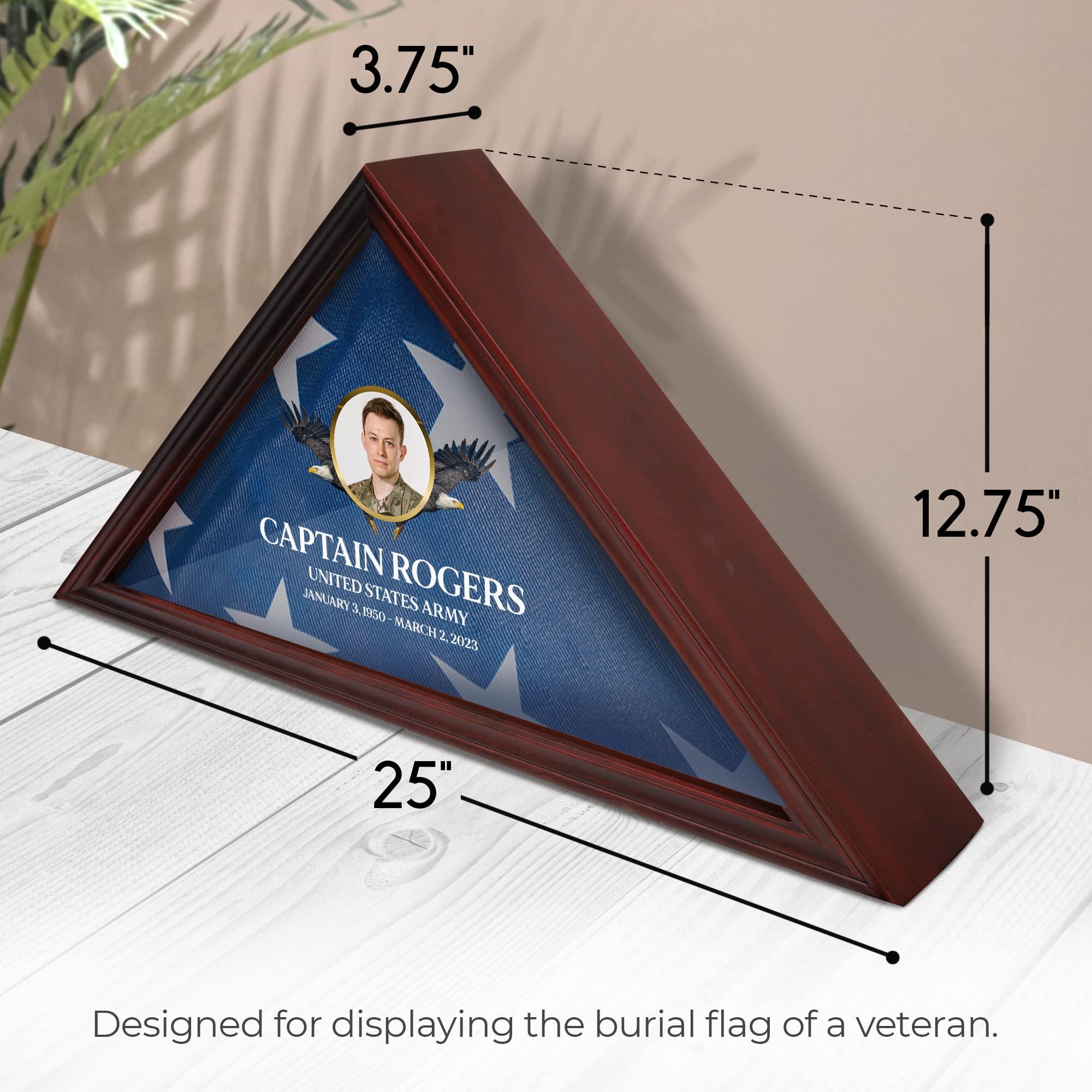 Basic Fundamentals Solid Wood Personalized Flag Box for American Veteran Flag, 9.5 X 5 Feet Full Color, UV Printed Display Case for Burial Flag, Flag Box Display Case with Glass Front for Folded Flag, Cherry (Design 5)