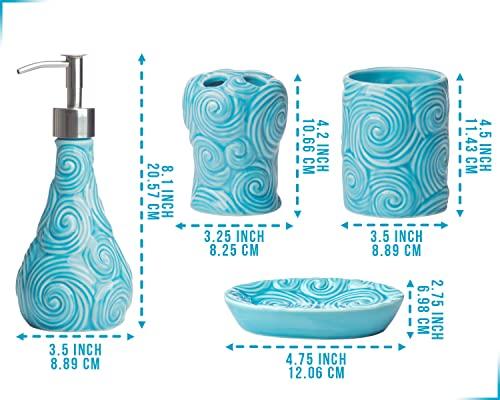 Comfify Designer - 4 Piece Bathroom Accessories Set - with Soap or Lotion Dispenser, Toothbrush Holder, Tumbler and Soap Dish - Glossy Finish - Porcelain (Ocean Waves, Aqua Blue) Holds 15.6oz