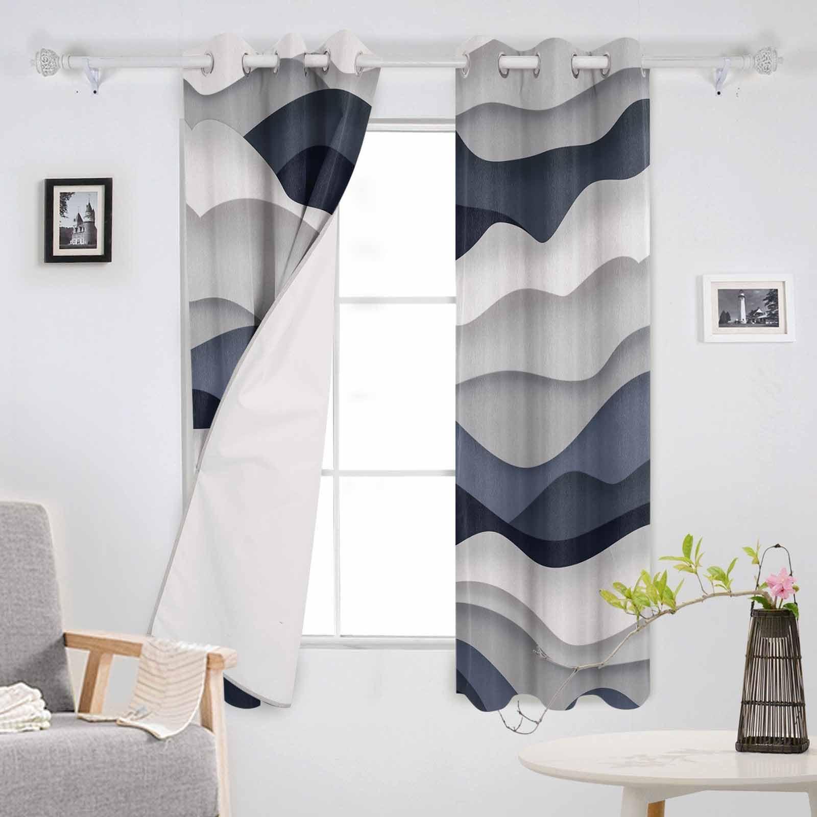 Double Love Navy Blue Blackout Curtains 54 Inches Long for Bedroom, Thermal Insulated Room Darkening Black Out Window Curtain Panels Grommet Drapes for Living Room, Grey White Contemporary Minimalist Art 104x54