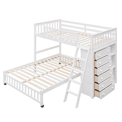 Brabrety Twin Over Full Wooden Bunk Bed with Six Drawers and Three Flexible Shelves, Bottom Platform Bed with Wheels can Movable.Suitable for children\'s and teenagers\' bedrooms or dormitories (White#V)